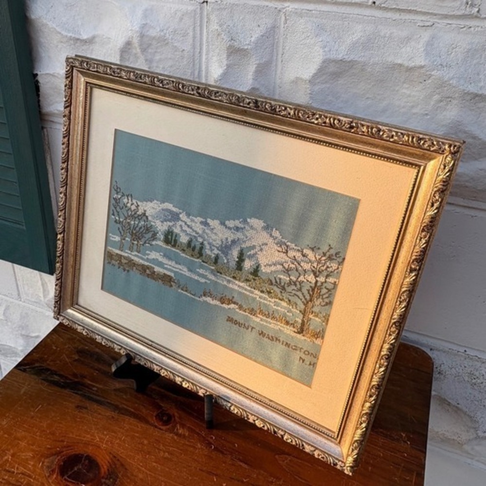 Vtg Handmade Mount Washington NH Needlepoint Winter Landscape Framed Art 1984